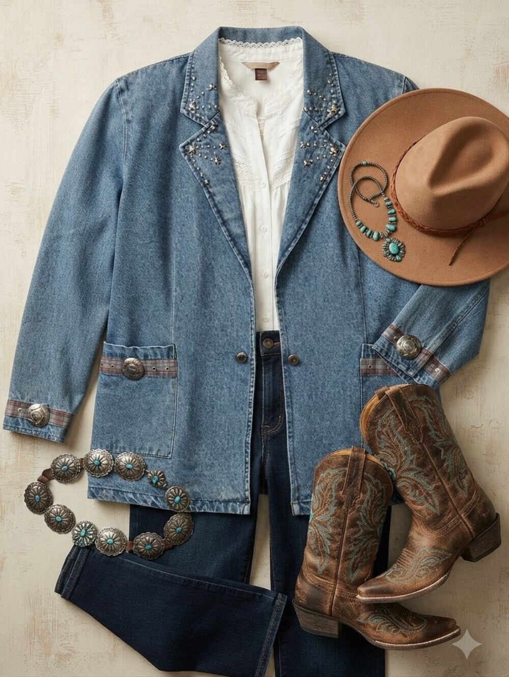 Vintage Hunters Run Western Embellished Denim Blazer Jacket
